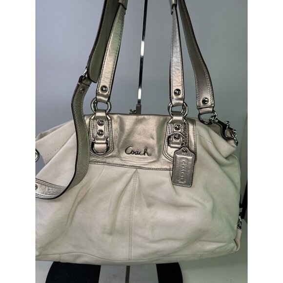 COACH ASHLEY White Silver Leather Handbag Purse Pink Lining J1194 - F15513 - Picture 2 of 12